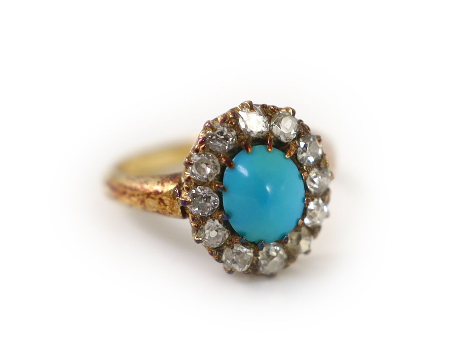 A late Victorian 18ct gold, turquoise and diamond set oval cluster ring